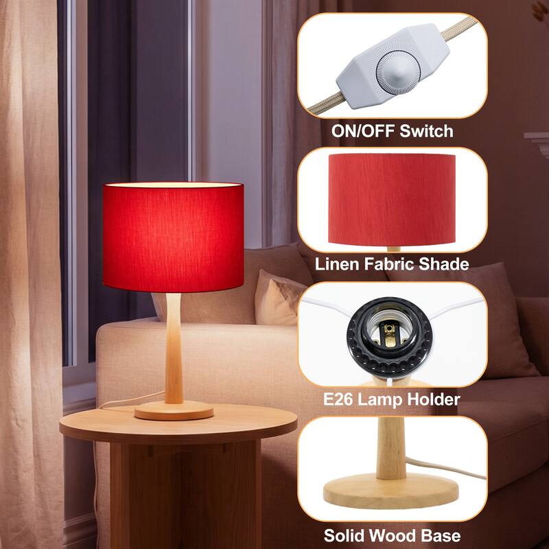 16.3" Modern Table Lamp with Natural Wood Base, Linen Fabric Drum Shade for Bedroom, Living Room, Nightstand