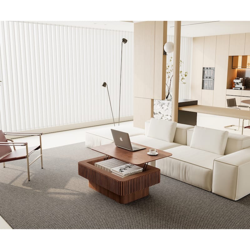 38.6" Fluted Lift-top Coffee Table, Coffee Table Accent Tea Table with Storage and Adjustable Height for Living Room