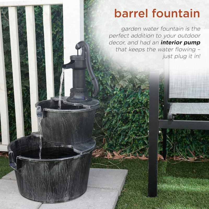 Alpine Corporation 27in Outdoor Rustic 2Tier Barrel and Pump Water Fountain with LED Lights Garden, Patio, or Yard Decor, Silver