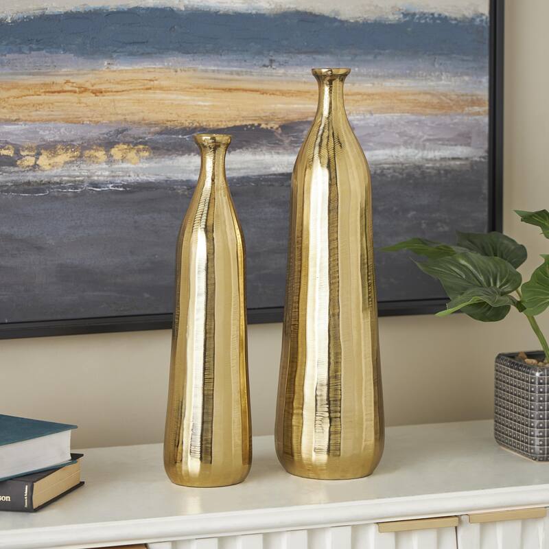 Aluminum Metal Decorative Vase with Wavy Accents and Textured Ridges - Set of 2 Silver or Gold - Roche River Decor