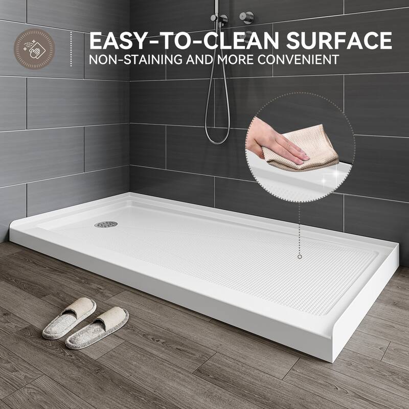 HOROW 60 x 30 Inch Alcove Shower Pan Base in High Gloss White with Wide Threshold Design - Left Drain Location