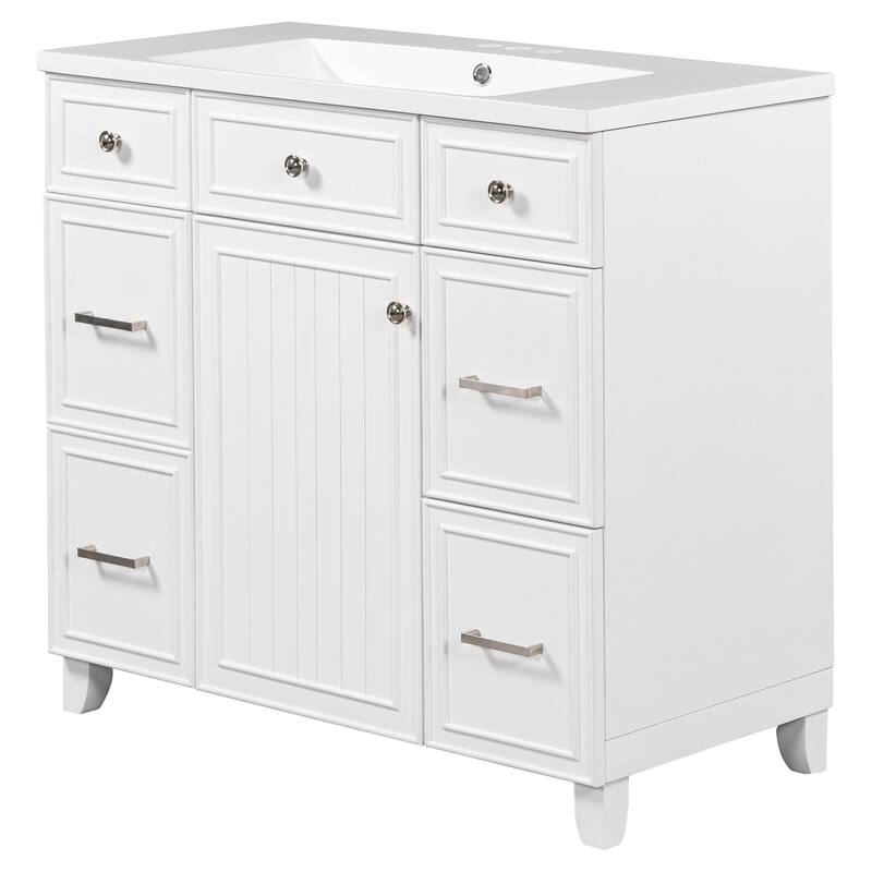 Modern 36-Inch Free-Standing Vanity with Single Sink, Storage Drawers & Adjustable Shelf
