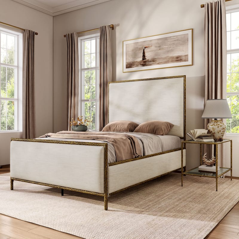 247 Shop At Home Lalia Modern 3-Piece Upholstered Hammered Metal Panel Bedroom Set with 2 Nightstands - Matte Gold - Full