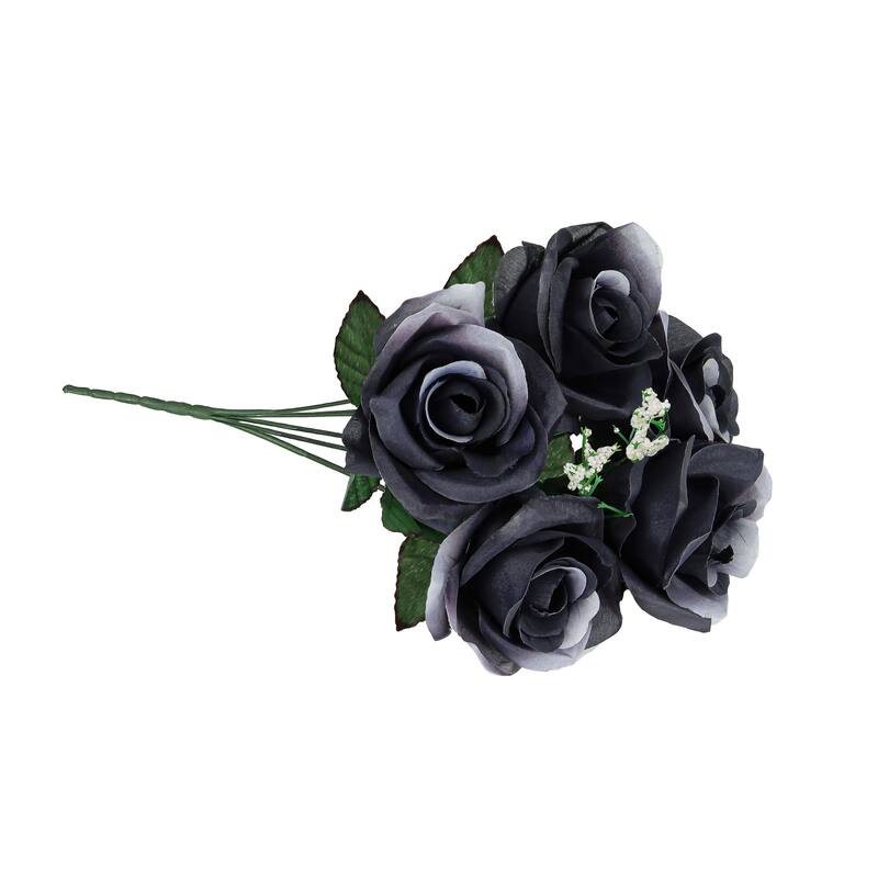 Set of 12 Black White Artificial Open Rose Flower Stem Bush Bouquet 14in - 14" L x 7" W x 7" DP
