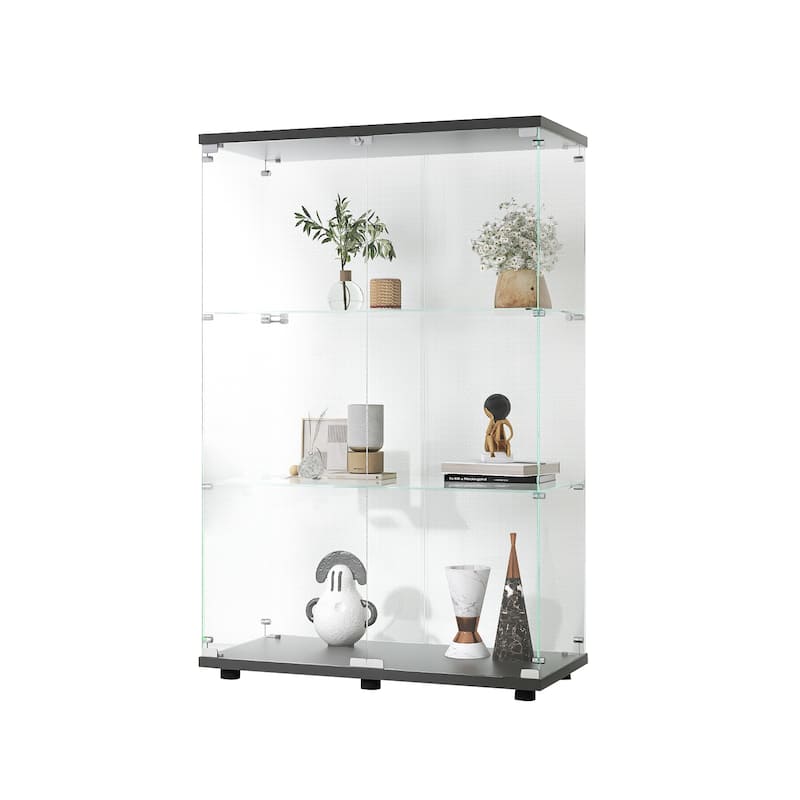 Two-door Glass Display Cabinet 3 Shelves with Door, Floor Standing Curio Bookshelf