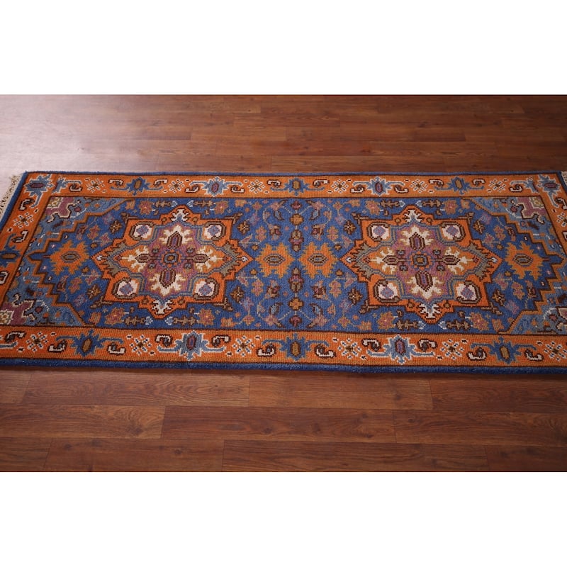 Blue & Orange Geometric Kazak Foyer Rug Hand-Knotted Wool Carpet - 2'6"x 6'0"