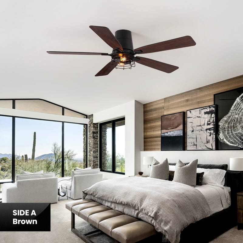 Modern Black Low Profile Small Caged Ceiling Fan with Light and Remote