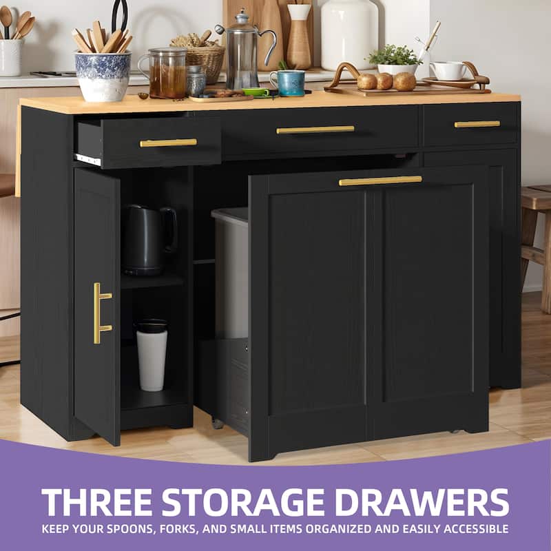 Moasis 55 inch Rolling Kitchen Island with Drop Leaf and Pull Out Garbage Bin Cabinet fits