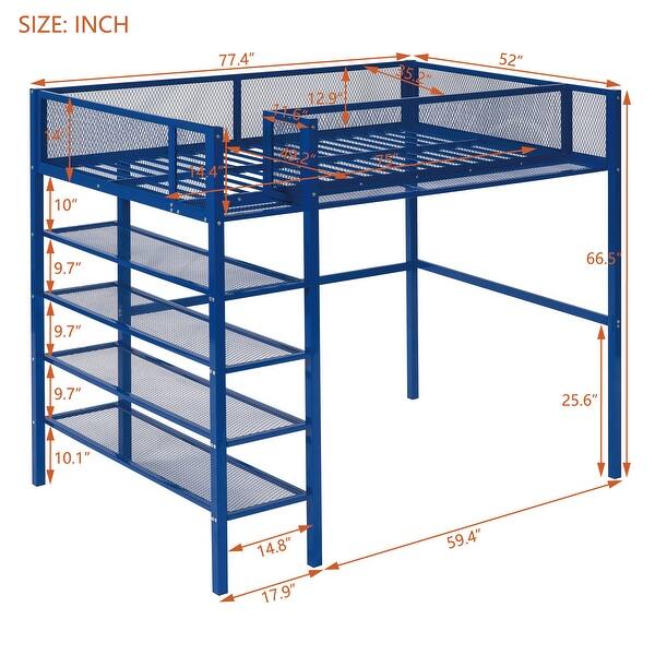 dimension image slide 3 of 4, Twin Size Metal Loft Bed with Safety Guardrail & 4-Tier Shelves