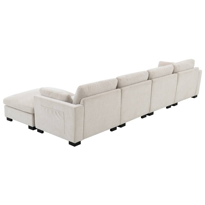 L-Shape Sectional Sofa with Folding Table, Dual-Port Charging, Side Pockets, 2 Pillows, Movable Ottoman, Chenille Modular Sofa