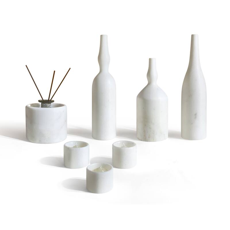 Roomfitters Natural Marble Living Room Accessories Set, Luxury 7-Piece Stone Decor Collection