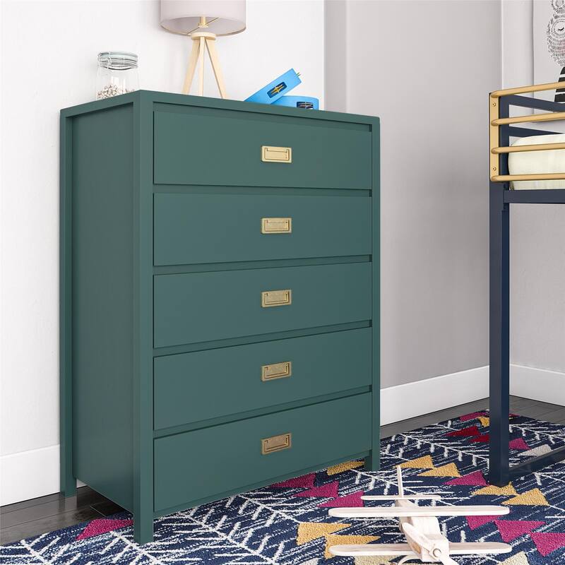 Anmytek Teal 5-Drawer Kids' Dresser with Brass Hardware, Modern Storage for Bedroom Entryway Nursery - Green