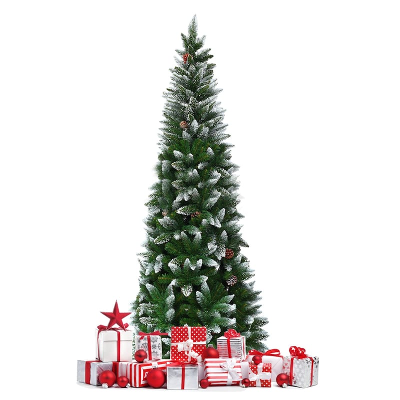Gymax 5'/6'/7.5'Snow Flocked Pencil Christmas Tree w/ PVC Needles - See Details