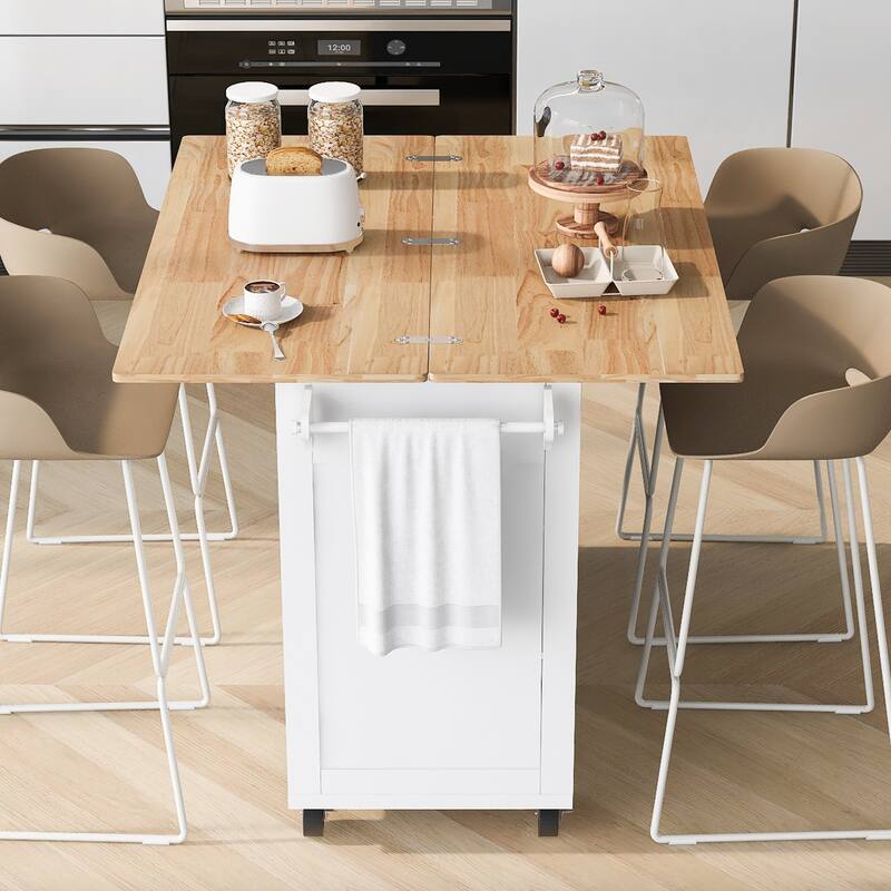 Space-Saving Kitchen Island with Foldable Countertop, Rolling Cart on Wheels, Towel Rack, Drawer & Slide-Out Shelf