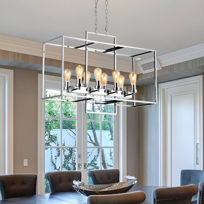 8 Light Cubic Cage Chrome Chandelier Rectangle for Kitchen Island Dining Room