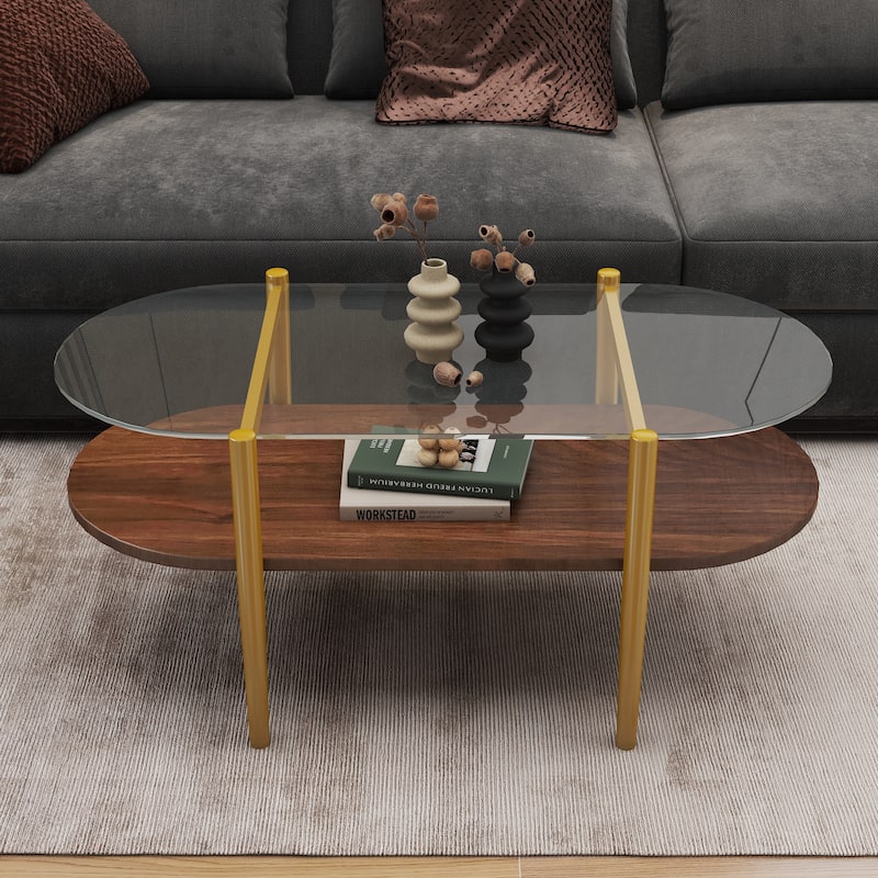 Modern Coffee Table with Clear Glass Top, Capsule Shape 2 Tier Center Table with Wood Shelf and Metal Legs for Living Room