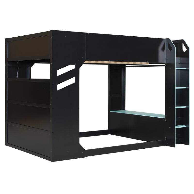Full Size Wood Loft Bed with Height-adjustable Desk, Drawers,Storage Compartments, Hanging Rod and RGB Lights