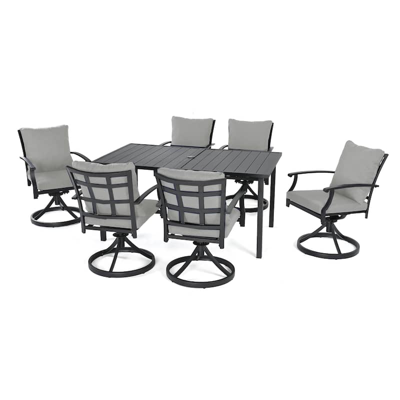 IvyGlow 7-Piece Black Metal Patio Dining Set with Rectangular Table, 6 Swivel Dining Chairs and Gray Cushions