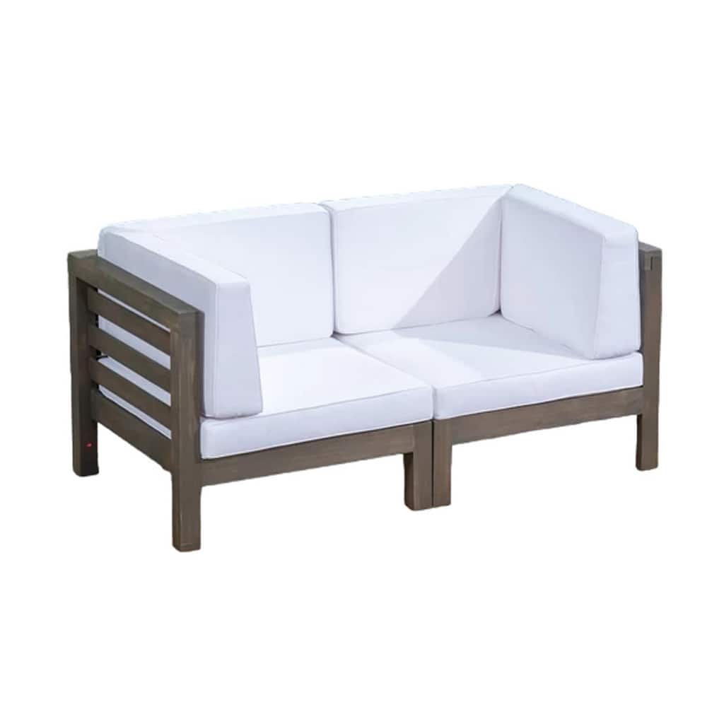 Ony Outdoor Loveseat, Detachable Acacia Wood Chairs, White Cushions