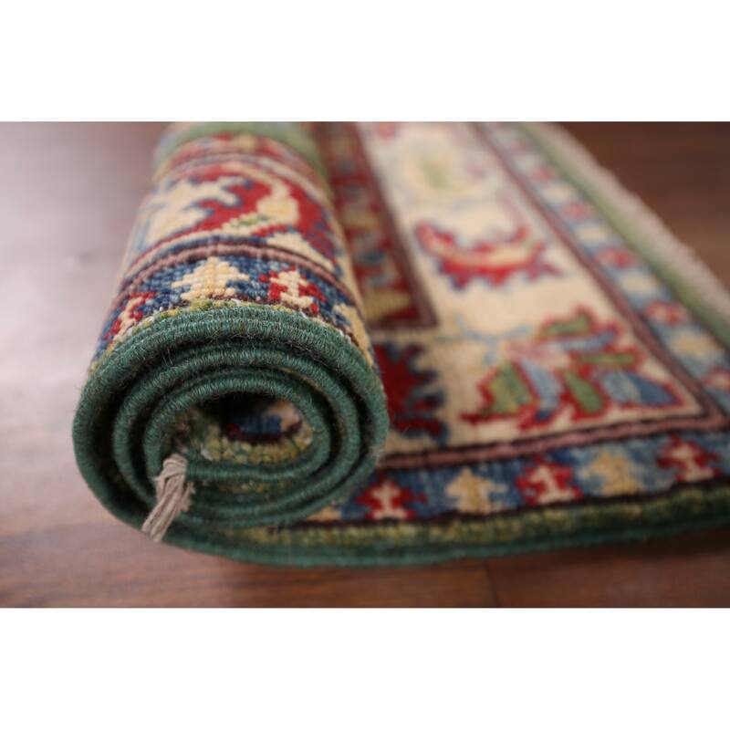 Green Geometric Kazak Foyer Rug Hand-Knotted Wool Carpet - 2'0" x 2'8"