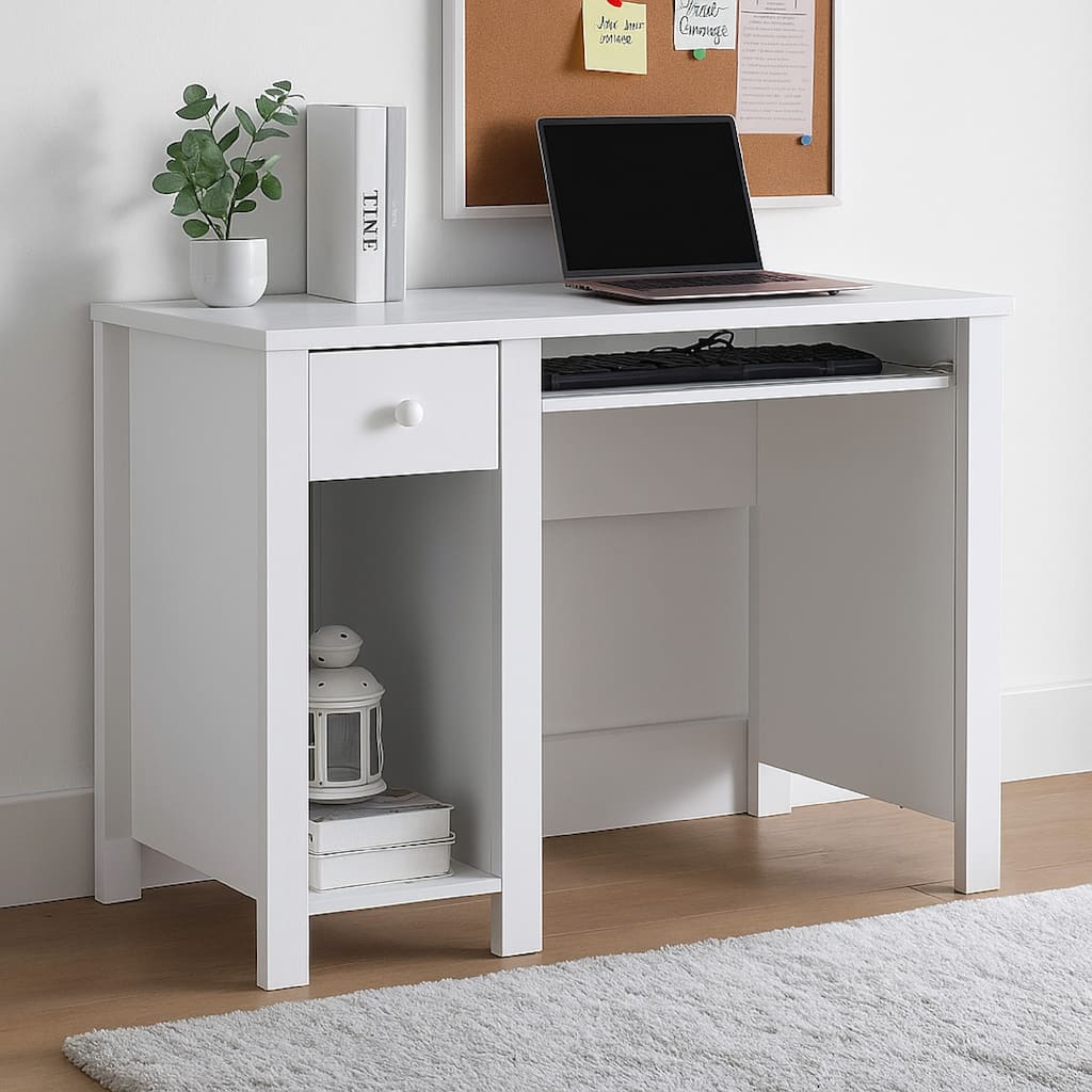 Akol Computer Desk, Keyboard Drawer and Storage, 39 Inch, Modern White