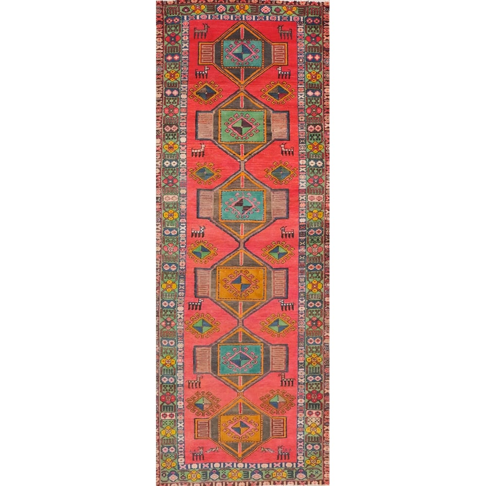 Hand Knotted Oriental 100% Wool Carpet Traditional Tribal Coral Ardebil Runner Rug - 10' 2'' X 3' 2''
