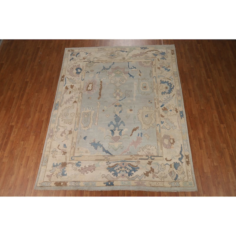 Geometric Oushak Turkish Area Rug Hand-Knotted Blue Wool Carpet - 7'9"x 10'0"