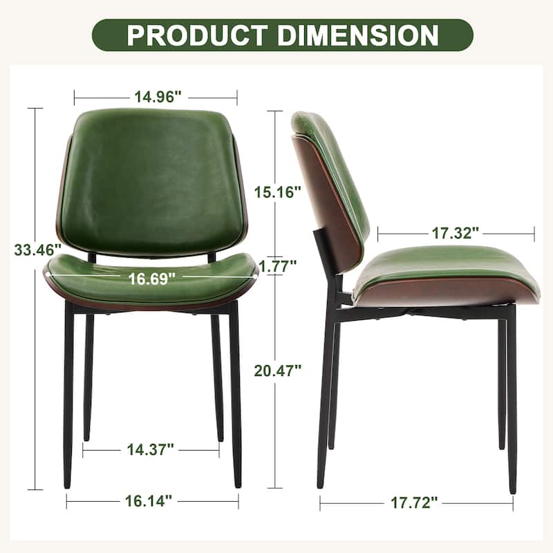 Mid-Century Dining Chairs Set of 2 - PU Leather Upholstered, Retro Bentwood Design with Adjustable Metal Legs