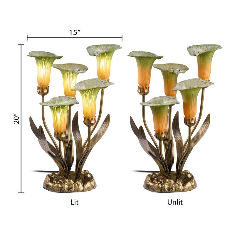 20-inch Antique Brass and Hand Blown Glass 5 Calla Lily Uplight Accent Lamp - 15" x 14" x 20"