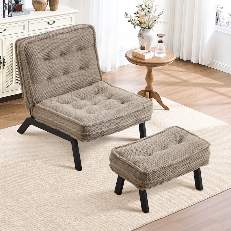 Upholstered Accent Chair with Ottoman, Armless Lounge Chair for Bedroom and Living Room, Comfortable Padded Seat with Wood Legs