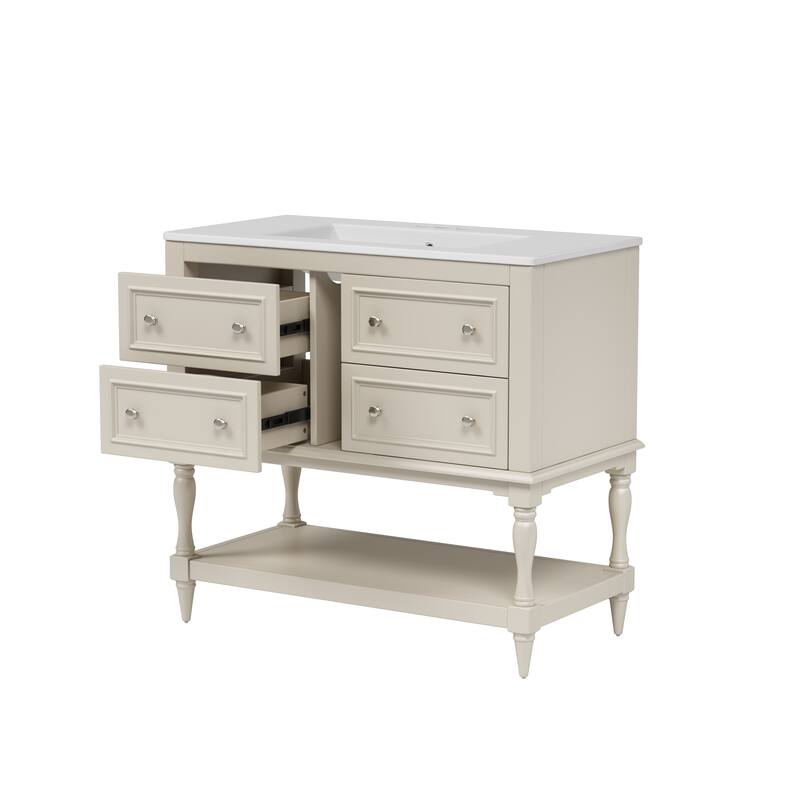 Bathroom Vanity with Ceramic Sink, Solid Wood Vanity Set with 4 Drawers, Bathroom Storage Cabinet with Open Shelf