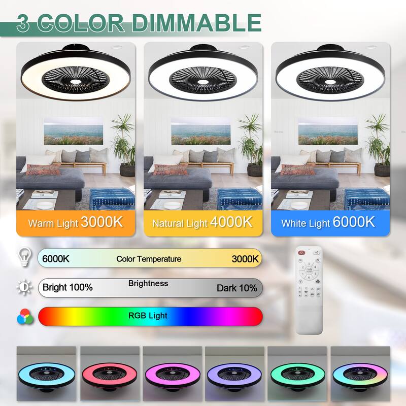 Cusp Barn 23 Inch Modern Low Profile RGB Ceiling Fan with Light, Smart Bladeless Flush Mount Enclosed Black Dimmable Ceiling Fan