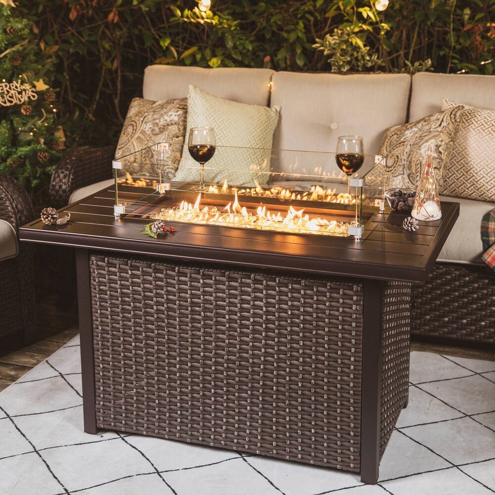 Outdoor 43-inch 50,000 BTU Propane Gas Fire Pit Table, Aluminum Tabletop and PE Rattan Weaved Iron Frame,