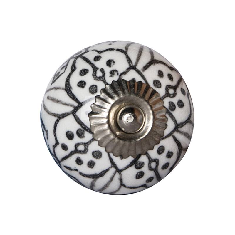 Set of 8 Hand-Painted Black & White Floral Ceramic Cabinet Knobs Traditional Artisan Drawer Pulls with Metal Base