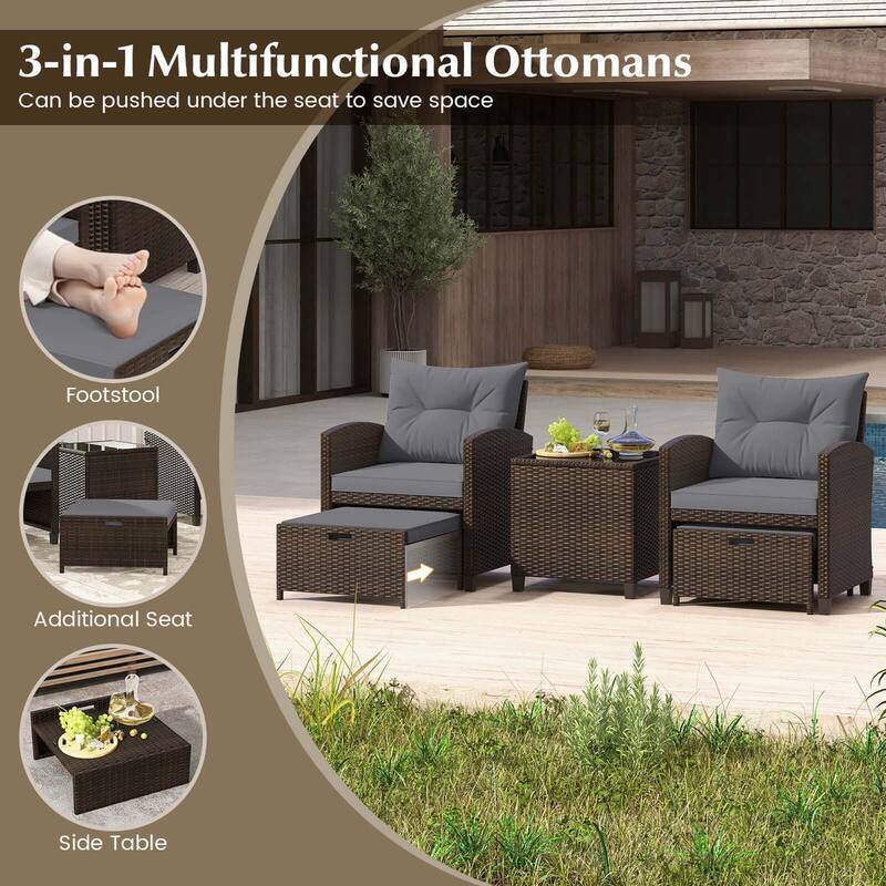 Costway 5 Piece Patio Rattan Furniture with 2 Ottomans & Tempered - See Details