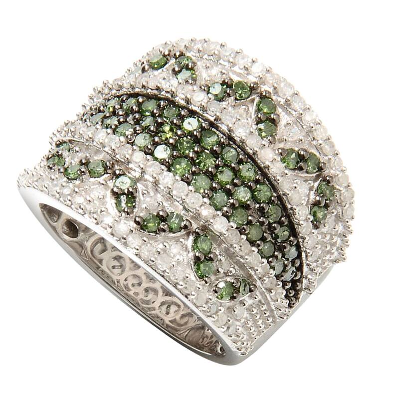 Sterling Silver with Genuine Green and White Diamond Wide Band Ring ...
