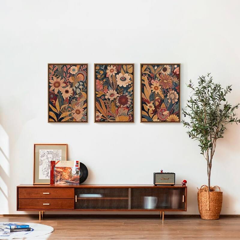Boho Floral Blossom Framed Canvas Wall Art Set