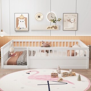 Full Floor Bed Frame with Fence, Wood Kids Floor Beds Frame for Bedroom Playroom