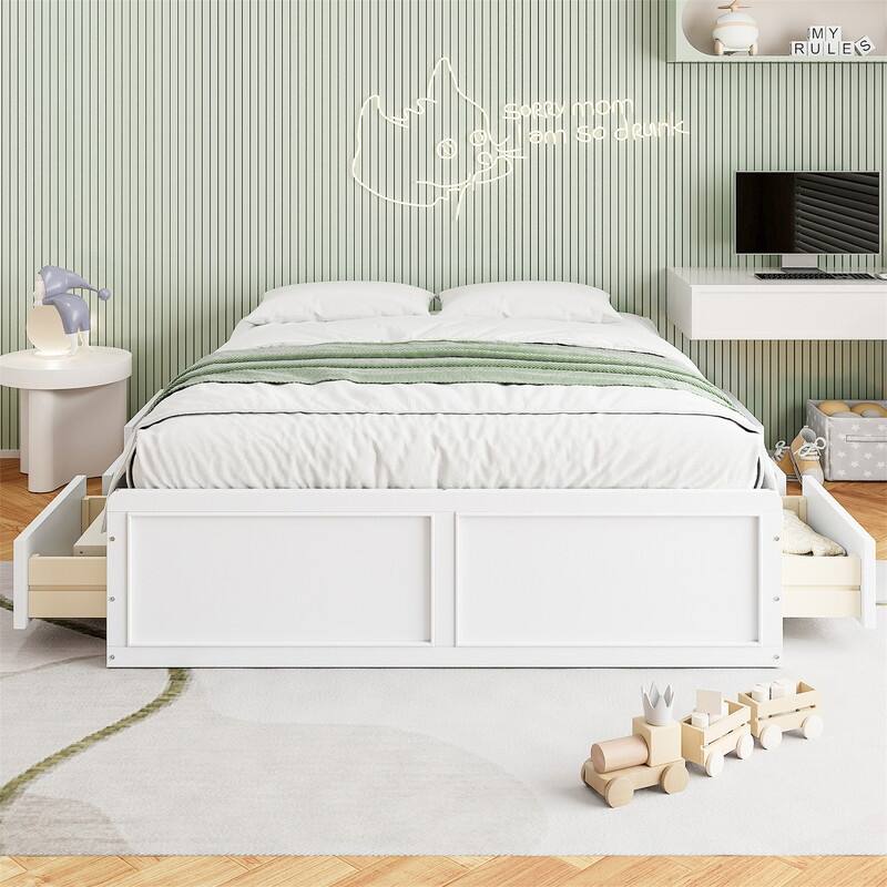 Queen Size Platform Bed with 6 Storage Drawers, Solid Wood Bed Frame with Slats Support, No Box Spring Required