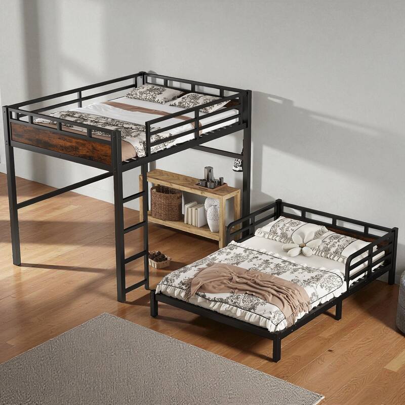 Full over Full Metal Bunk Bed Frame with Raised Guardrails, Convertible Loft and Platform Beds, Noise-Free Design