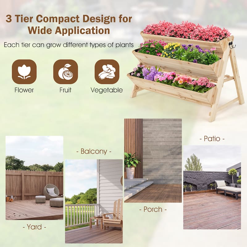 3 Tier Wooden Vertical Raised Garden Bed w/Storage Shelf & Side Hook