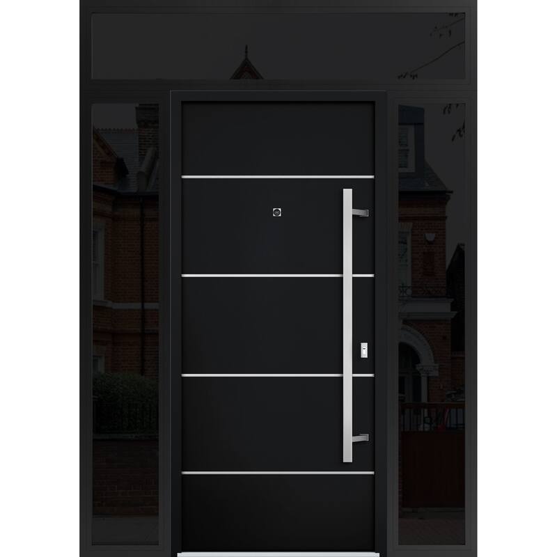 Front Prehung Steel Door 6083 Black Enamel Top Window Sidelite Stainless Inserts W36xH80+16 Lh I Bedroom Door Bathroom Door - Black - 68" x 96"