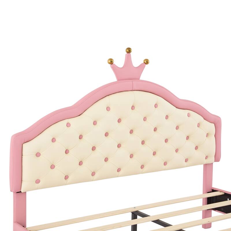 Princess Bed with Crown Headboard and Tufted PU Leather, Dreamy Design, Full and Twin Size, Comfortable and Sturdy for Bedroom