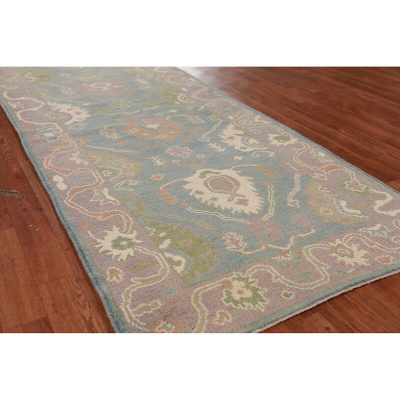 Hand Knotted Oriental 100% Wool Carpet Transitional All-Over Navy Blue & Blues Oushak Runner Rug - 9' 9'' X 3' 3''