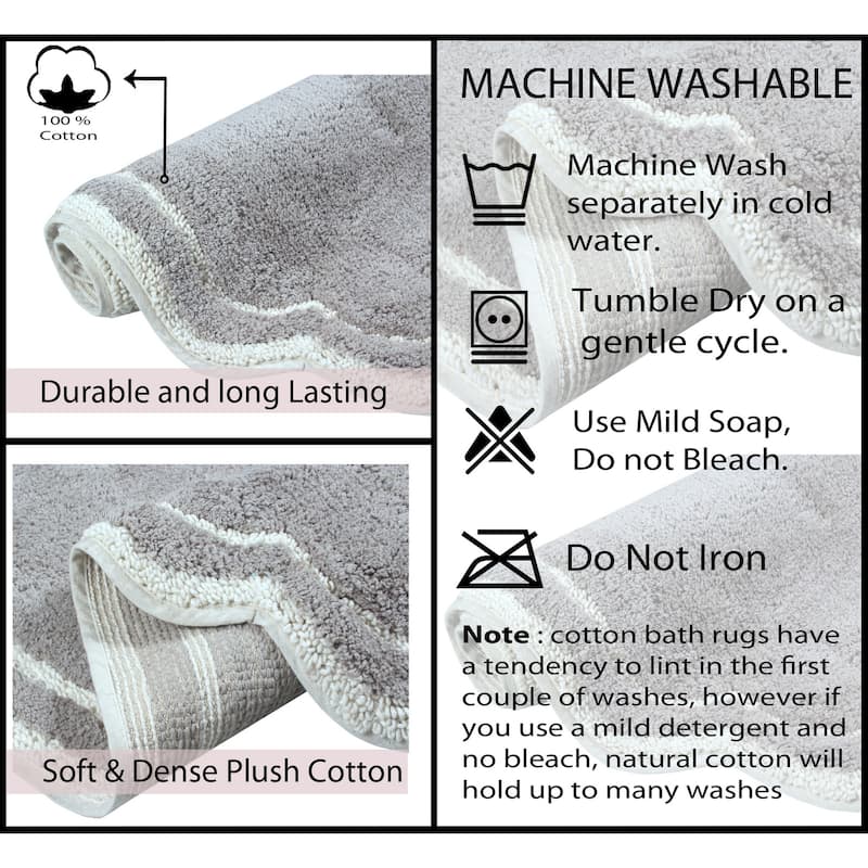 Allure Collection 100% Cotton Non-Slip Bathroom Rug Set, 3 Piece Machine Washable- Bathroom Rug, Bath Rug, U Shaped Contour