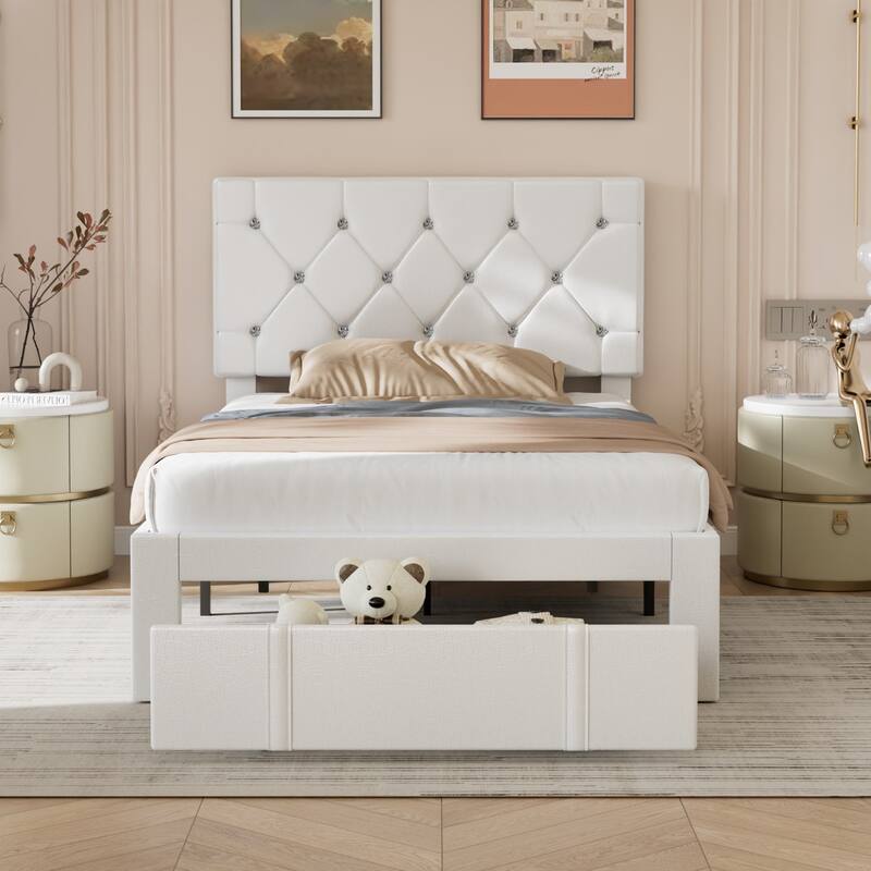 VECELO Bed Frame with Storage Drawers, Leather Upholstered with Diamond Tufted Headboard, Solid Wood Slat Support