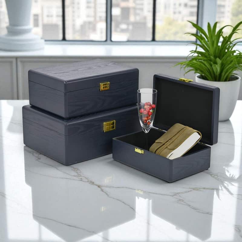 Sable Set of 3 Rectangular Decorative Storage Boxes - Navy Blue - N/A - Navy Blue