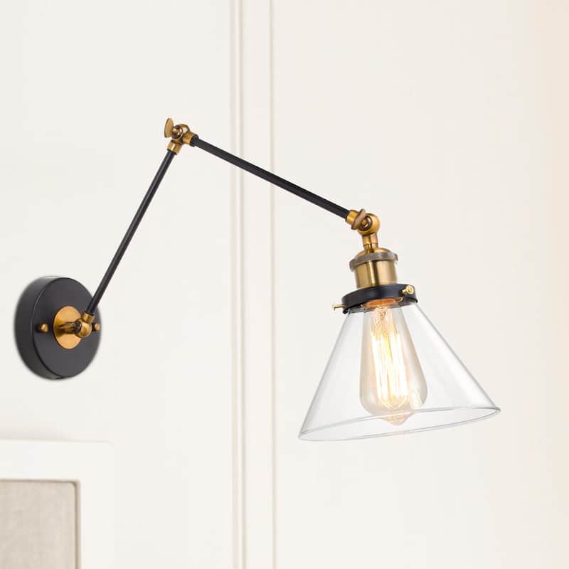 Modern Industrial 1-Light Swing Arm Sconces Clear Glass Wall Light for Bedroom Living Room - L20"(adjustable)xW7.25"xH14"