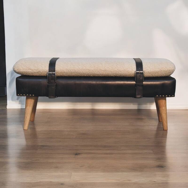 Artisan Furniture Solid Wood Bouclé Buffalo Hide Black Leather Bench