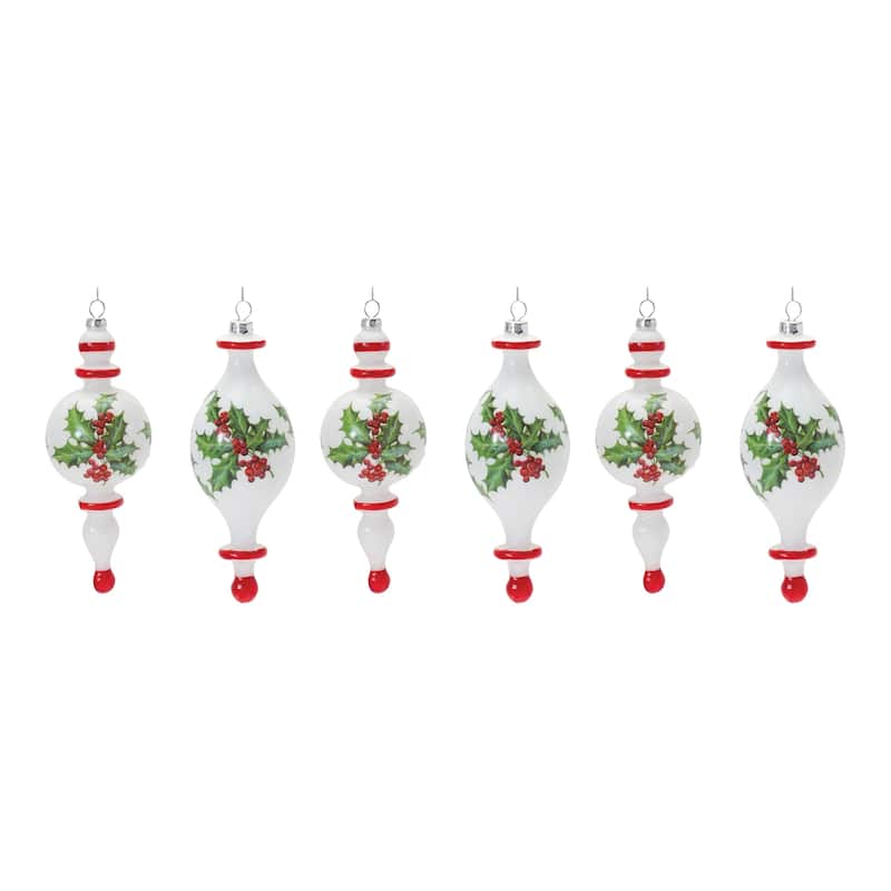 Holly Christmas Finial Drop Ornaments - 7.75" - White and Green - 6ct
